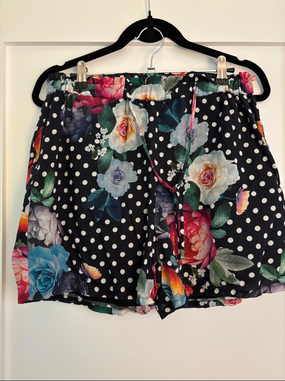 Johnny Was Black Polka Dot Bermuda Shorts with Multicolor Floral Print